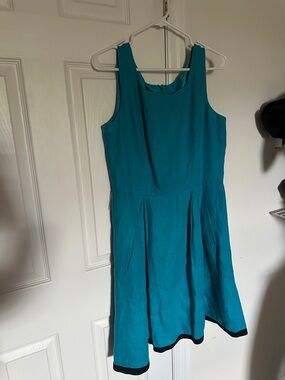 Talbots Teal Sleeveless Fit-and-Flare Midi Dress with Black Hem